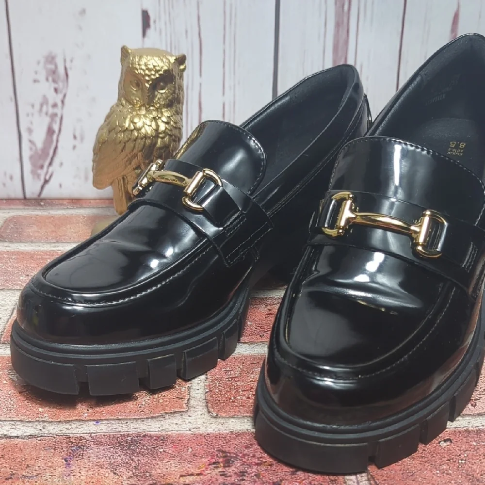 Dream Pairs Black Vegan Patent Leather Platform Loafers Chunky Lug Sole 8.5 7.5‎